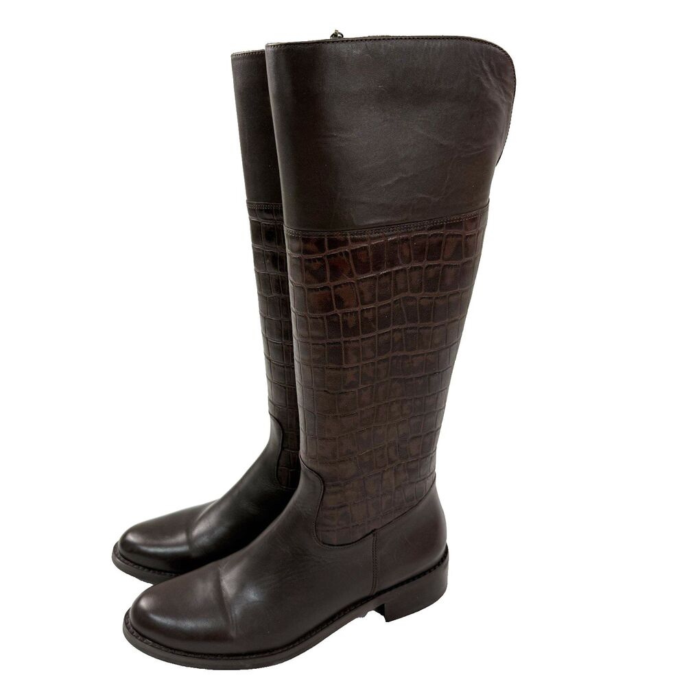 Johnston & Murphy Croc Embossed Leather Knee High Boots 8 Brown Equestrian Women